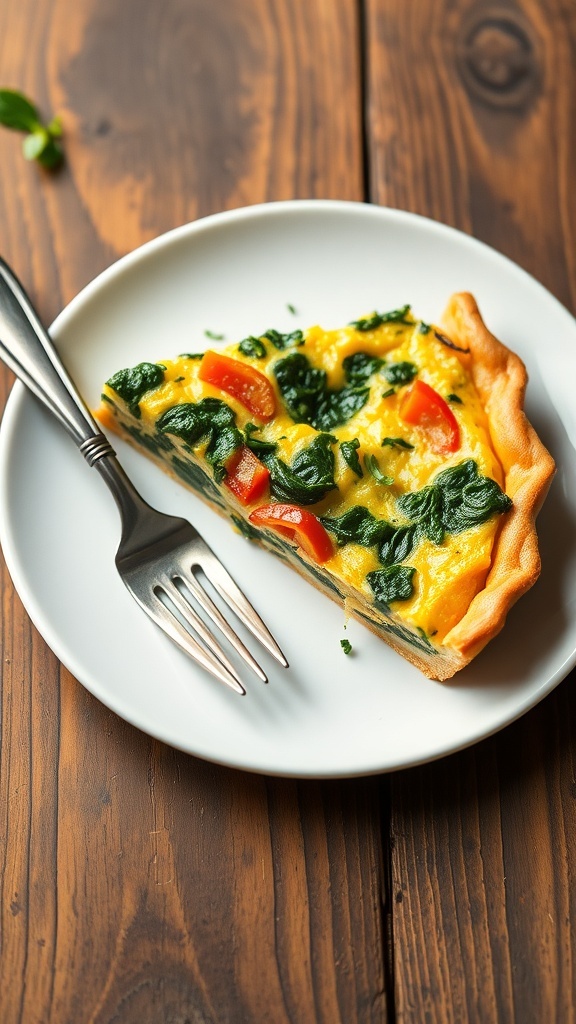 A slice of Greek yogurt egg quiche with spinach and bell peppers on a plate, garnished with herbs.